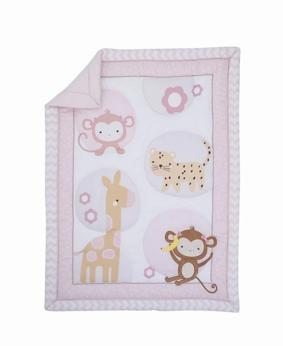 * Nojo Sweet Jungle Friends Monkey, Cheetah And Giraffe With Polka Dots And Flowers Nursery Crib Bedding Set, 3 Piece Pink Comforter Sets