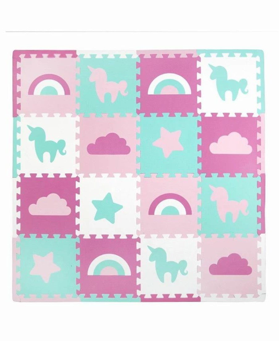 * Tadpoles 16 Piece Foam Play Mat Set, Unicorn And Rainbows Pink Designer Bedding