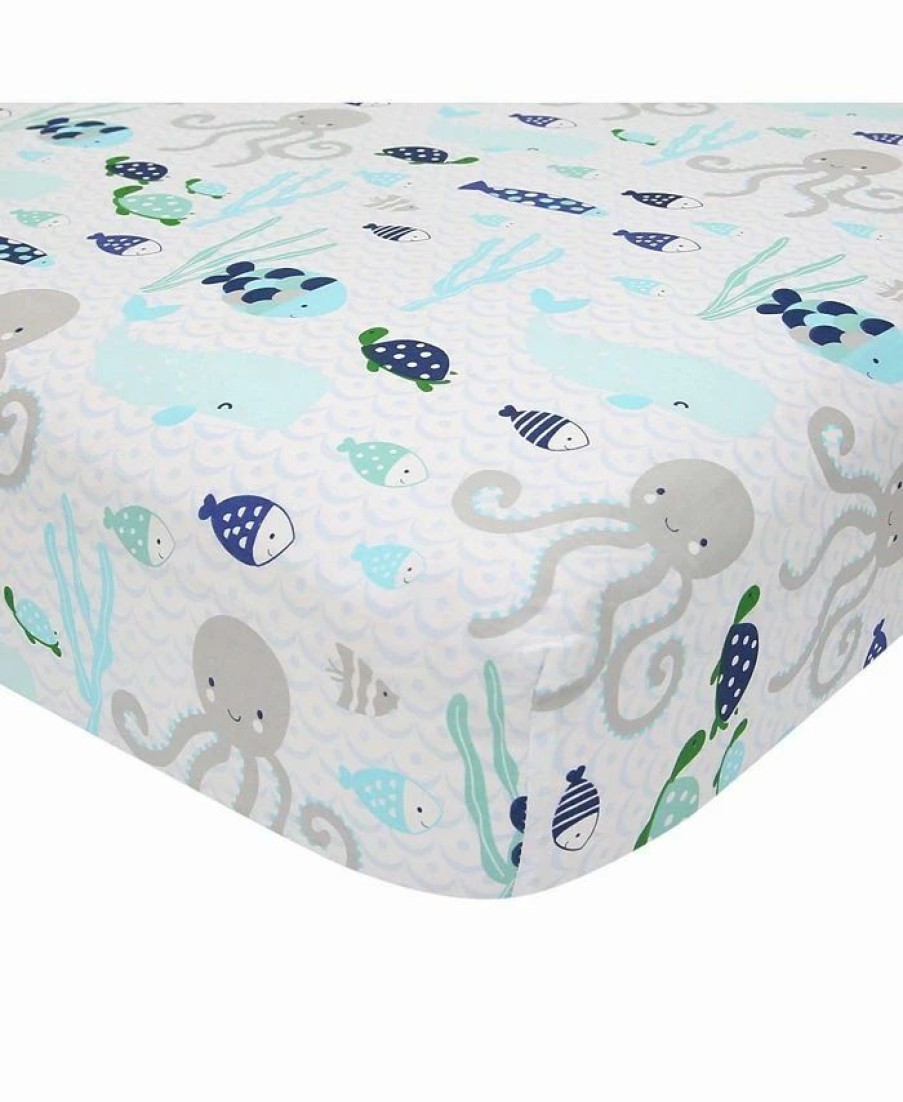 * Lambs & Ivy Oceania 100% Cotton /Gray/White Whale With Octopus And Fish Nautical Ocean Theme Fitted Crib Sheet Blue Sheets & Pillowcases