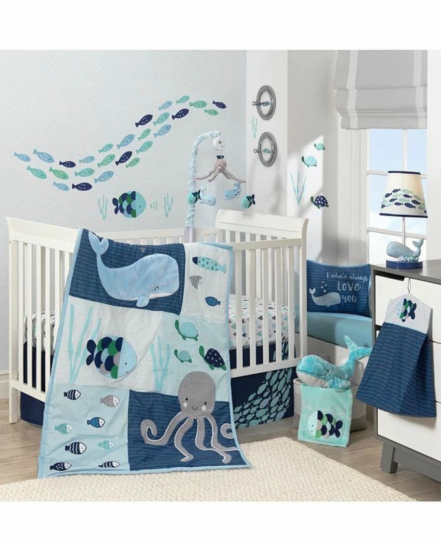 * Lambs & Ivy Oceania /Gray/White Whale With Octopus And Fish Nautical Ocean 6-Piece Nursery Baby Crib Bedding Set Blue Comforter Sets