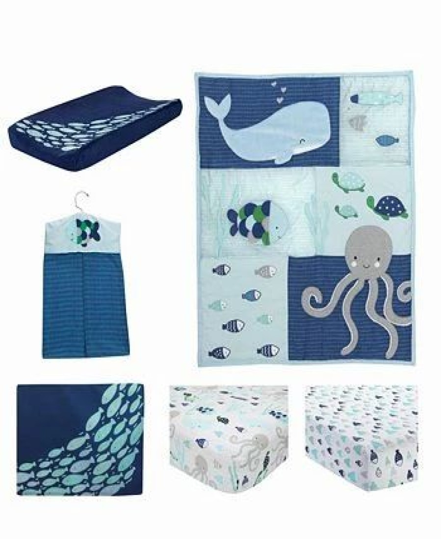 * Lambs & Ivy Oceania /Gray/White Whale With Octopus And Fish Nautical Ocean 6-Piece Nursery Baby Crib Bedding Set Blue Comforter Sets