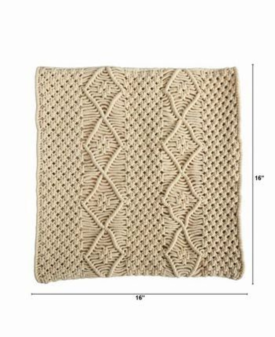 * Nearly Natural Boho Woven Macrame Decorative Pillow Cover, 16 Beige Designer Bedding