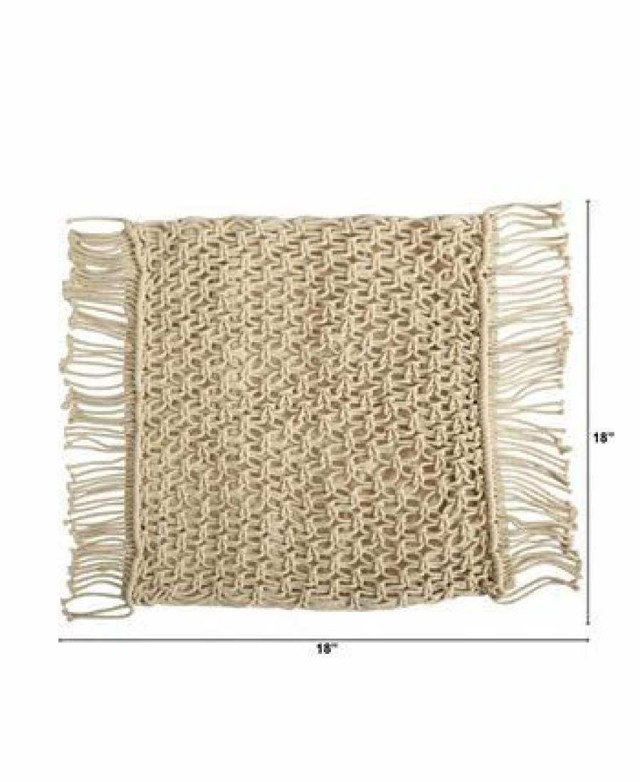 * Nearly Natural Boho Fringed Woven Macrame Decorative Pillow Cover, 18 Beige Designer Bedding