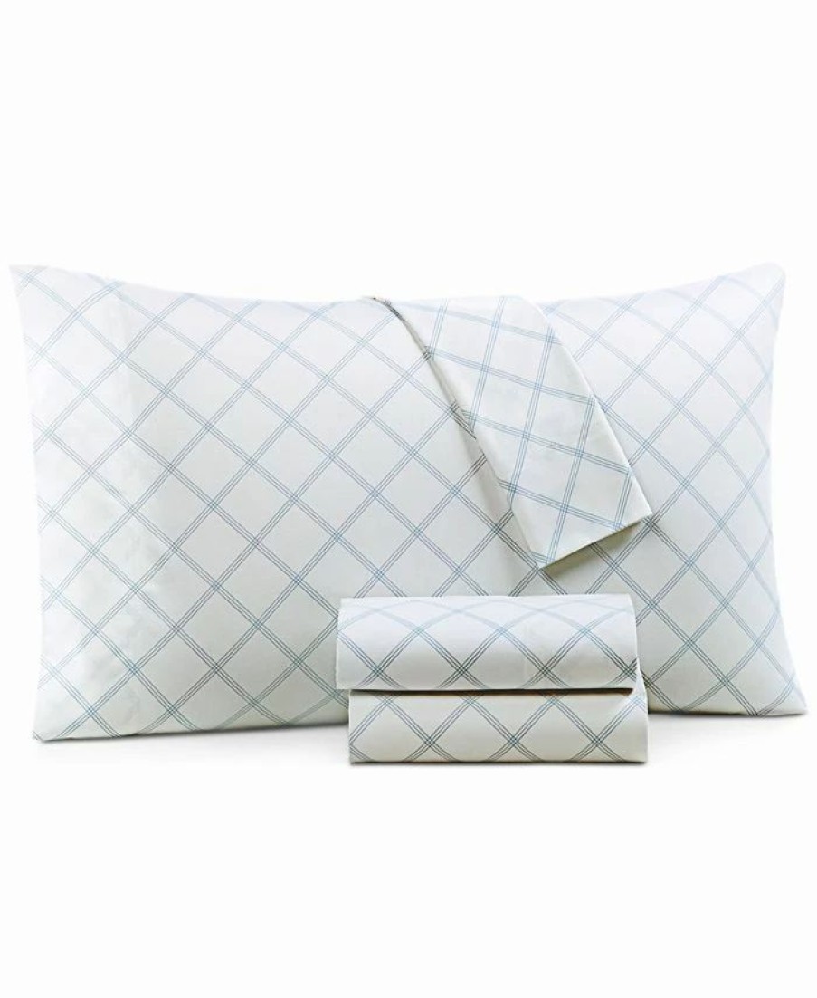 * Charter Club Printed Window Pane 550-Thread Count Cotton 3-Pc. Sheet Set, Twin, Created For Macy'S Blue Sheets & Pillowcases